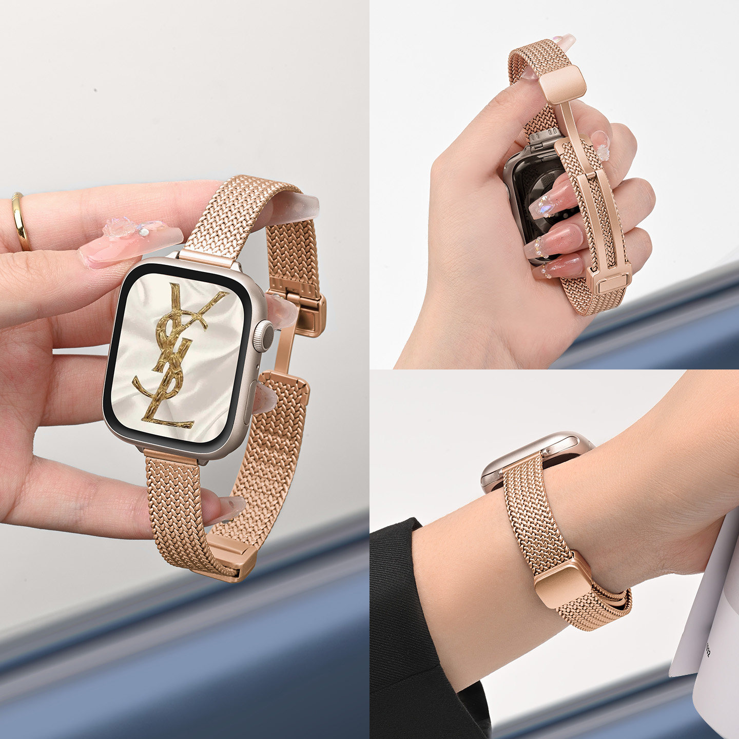 适用苹果s12手表表带iwatch11新款麦穗款金属s10磁吸卡扣高级感s9小众精致小蛮腰智能SE代女款夏s8透气设计感