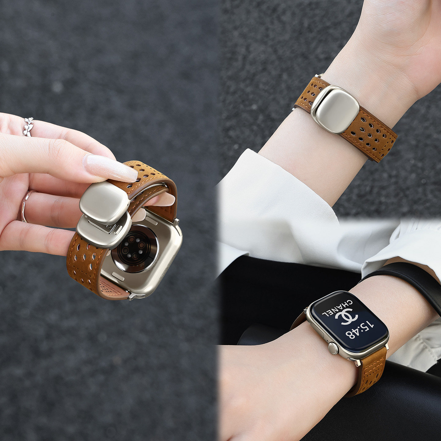 圆滑磁吸扣适用苹果iwatch12手表表带s11透气applewatchs10疯马皮s9夏季女s8/7/6真皮男SE高品质时尚替换腕带