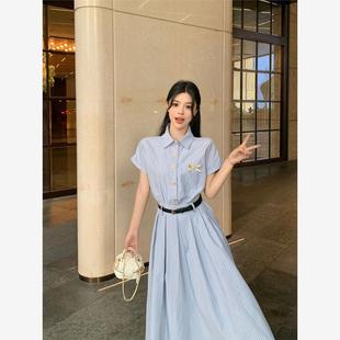 梨形身材微胖衬衫 大码 条纹连衣裙夏季 女装 裙胖MM遮肚显瘦裙子 法式