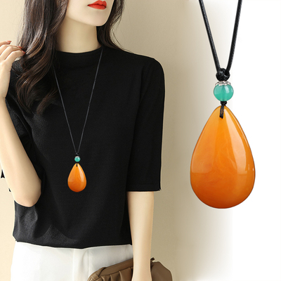 蜜蜡黑色蜡绳男女民族风毛衣链