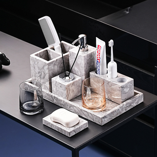 高级灰色大理石电动牙刷置物架双人漱口杯架四人牙具牙杯收纳套装