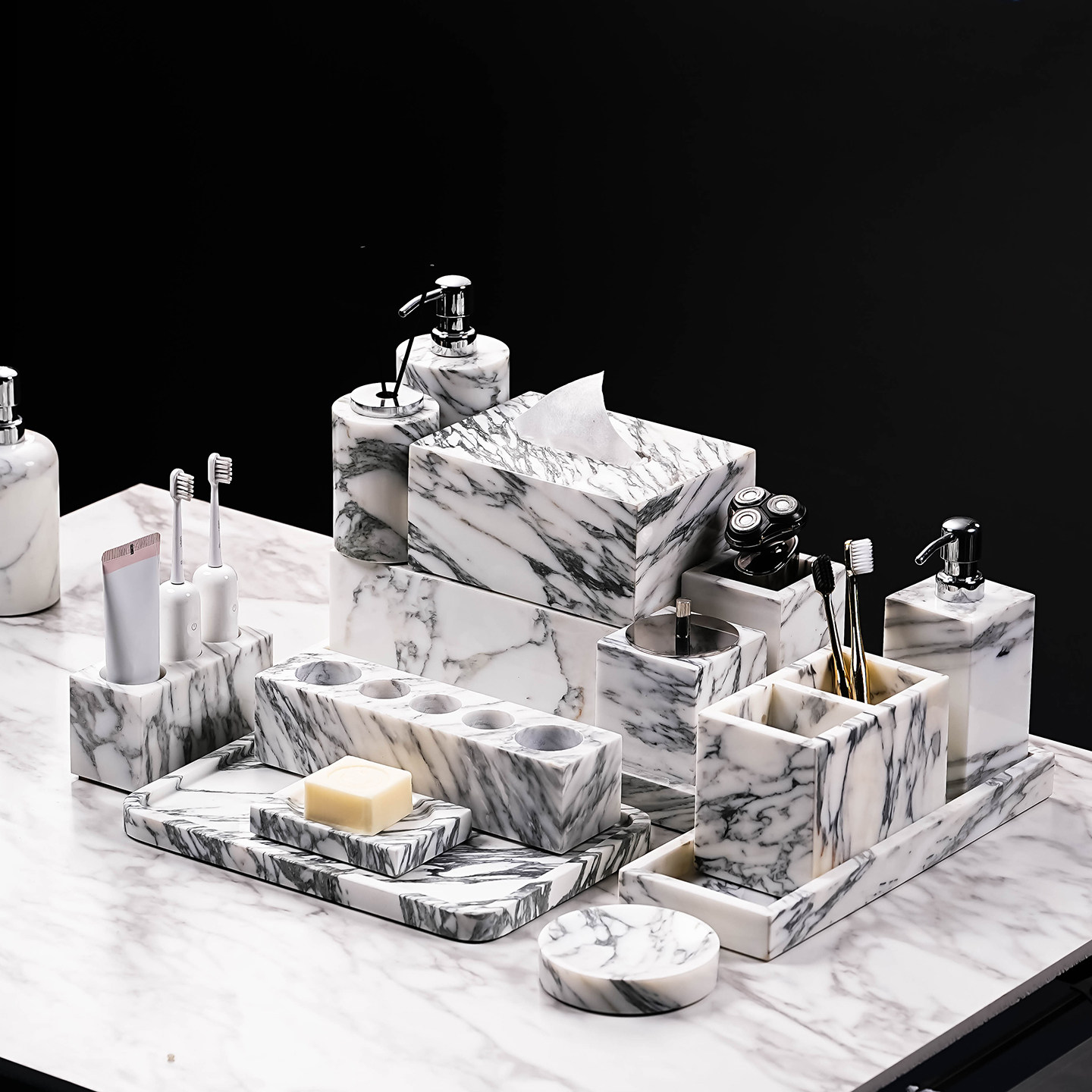 酒店风卫生间用品新款洗漱收纳套件法式宝格丽大花白奢石托盘摆件