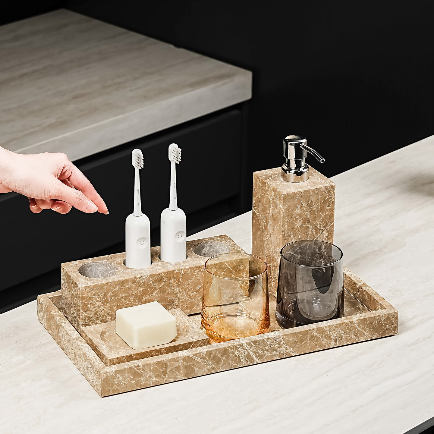 中古风大理石双人牙刷置物架台面牙具座一家四口洗漱用品收纳托盘