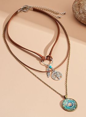 波西米亚复古民族羽毛吊坠生命之环项链甜酷辣妹配饰层叠锁骨夸张