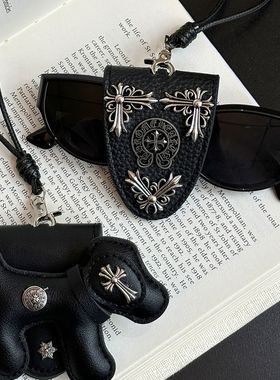 黑色小狗十字架皮革磁吸眼镜夹项链女墨镜收纳长款挂脖配饰毛衣链