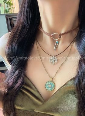 民族风曼陀罗羽毛吊坠项链女小众设计感复古波西米亚风叠戴锁骨链