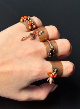 祭司的指环 做旧流苏树叶戒指复古小众设计食指戒可调节开口指环