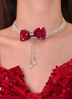 轻奢红色闪钻蝴蝶结choker项链女时尚宴会晚礼服颈链配饰
