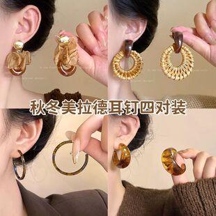 暮秋~美拉德咖色网纱花朵耳环女复古独特气质耳钉小众高级感耳饰