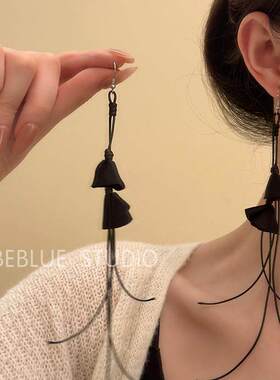 微风记忆~新中式黑色长款流苏耳钉新款2026爆款耳环女高级感耳饰