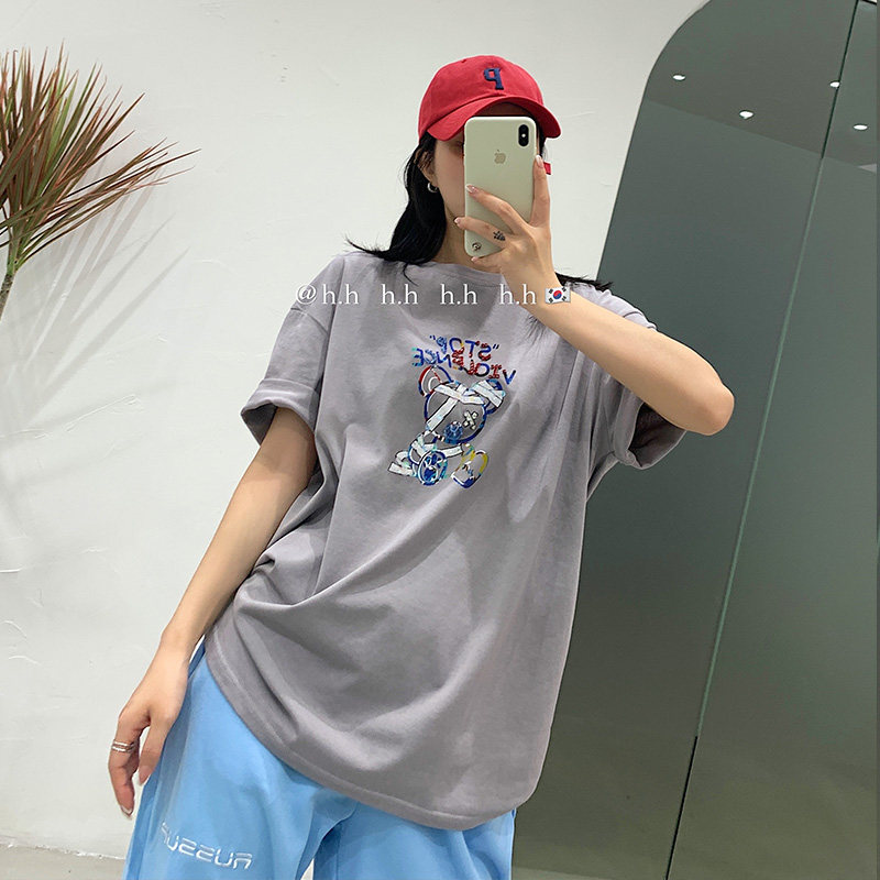 h.h夏季重工订珠白色小熊短袖t恤女宽松纯棉中长款下身失踪上衣潮
