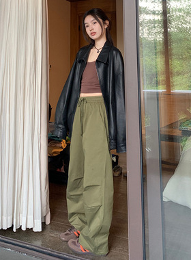 Audwyn街头复古工装休闲裤女2024春季新款抽绳时尚宽松设计感束脚