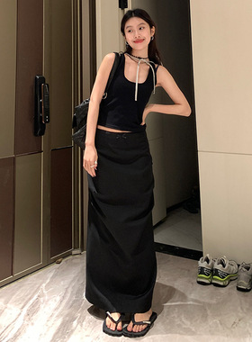 Audwyn纯欲高腰花边蝴蝶结半身裙女春季直筒设计感褶皱后开叉包臀