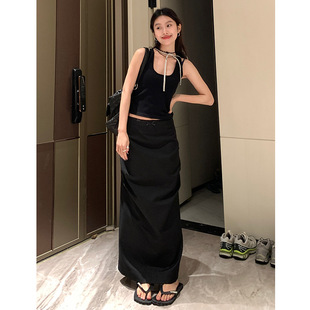 Audwyn纯欲高腰花边蝴蝶结半身裙女春季直筒设计感褶皱后开叉包臀