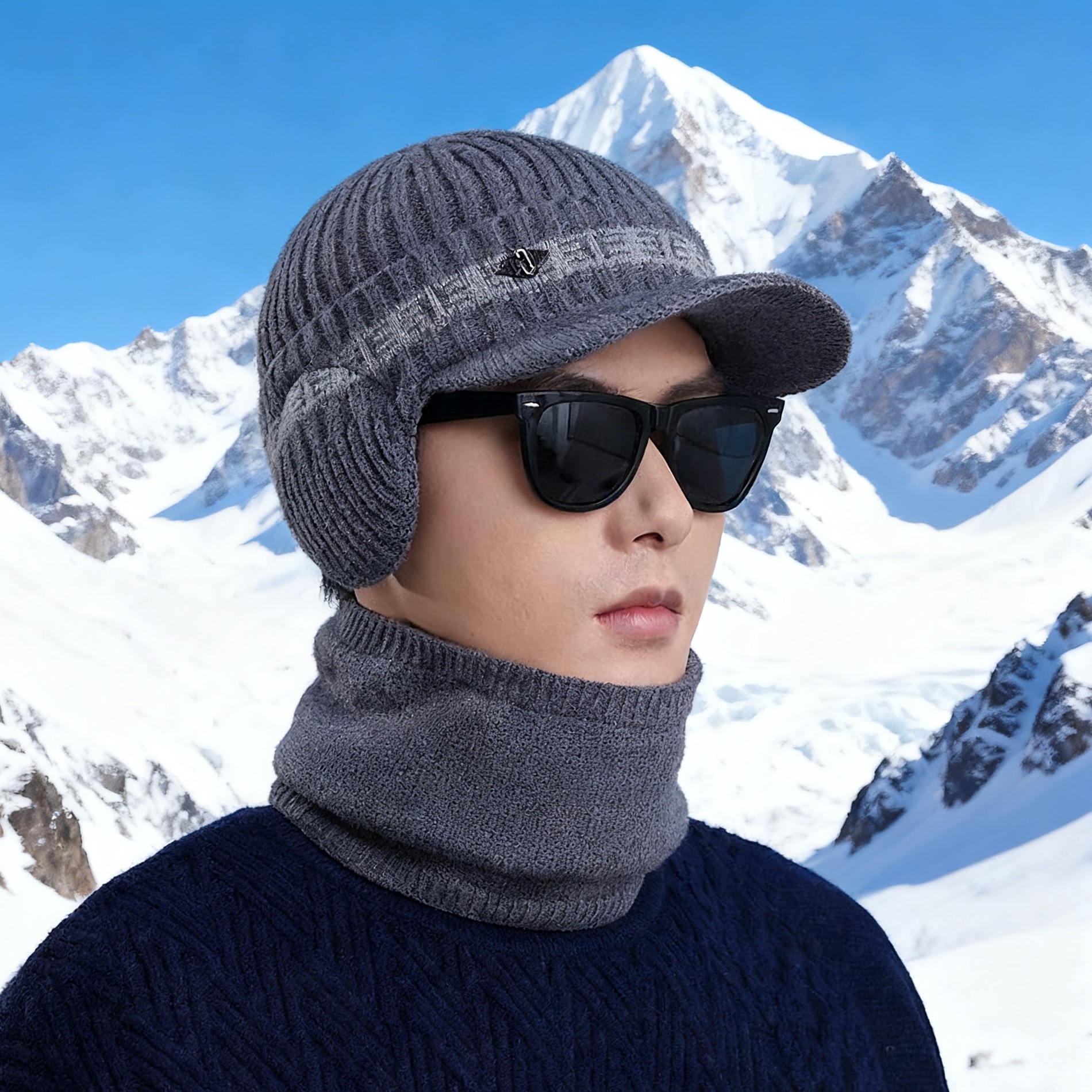 男士保暖帽子冬天防寒围脖套装毛线帽加绒加厚青年骑车护耳针织帽