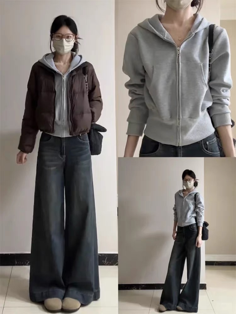 灰色卫衣正肩短款外套女秋季连帽修身收腰上衣早秋韩系穿搭小个子