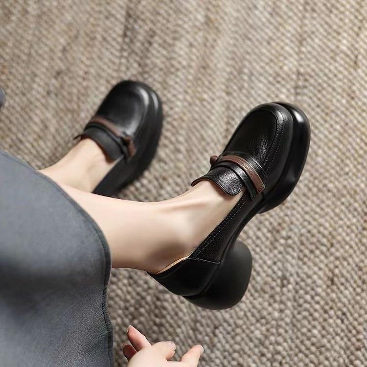 爆款古单鞋女224秋粗款厚0底跟中跟乐福鞋时尚英复伦风高跟小皮鞋