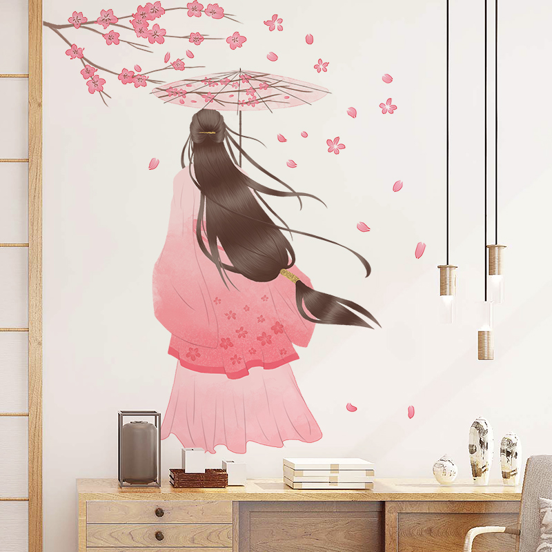 古风女子背影墙贴纸自粘中国风墙纸装饰客厅书房卧室墙面贴画布置