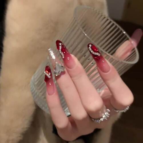 纯手工穿戴甲纯欲风气质新年显白爆闪美甲圣诞高级秋冬牛血红长款