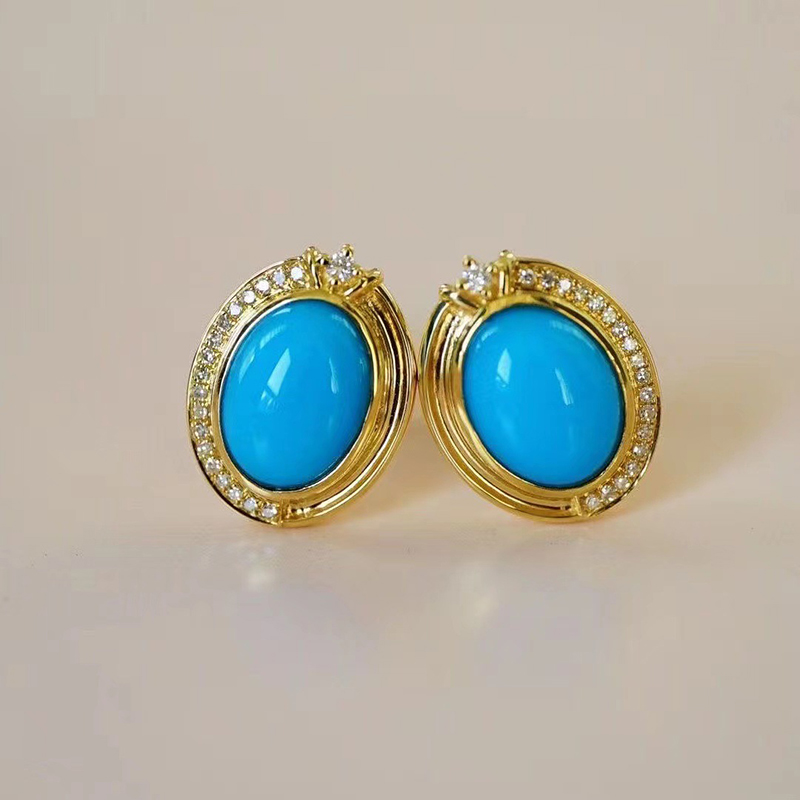 新款s925银针镶嵌蓝松石耳钉女士复古宫廷中古风高贵典雅大气耳饰