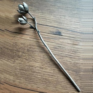 手工镀925银玉兰花发簪女复古步摇民族风国潮发钗汉服旗袍配饰