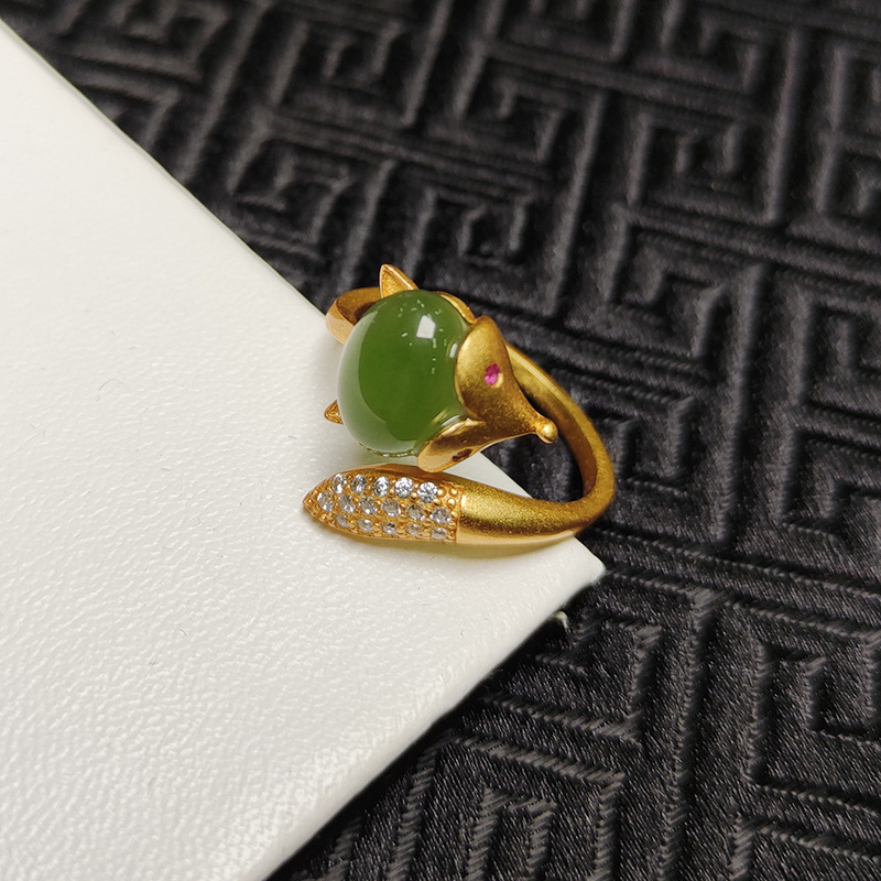 S925银镀古法金镶嵌仿和田玉碧玉狐狸戒指女款宫廷风活口可调节