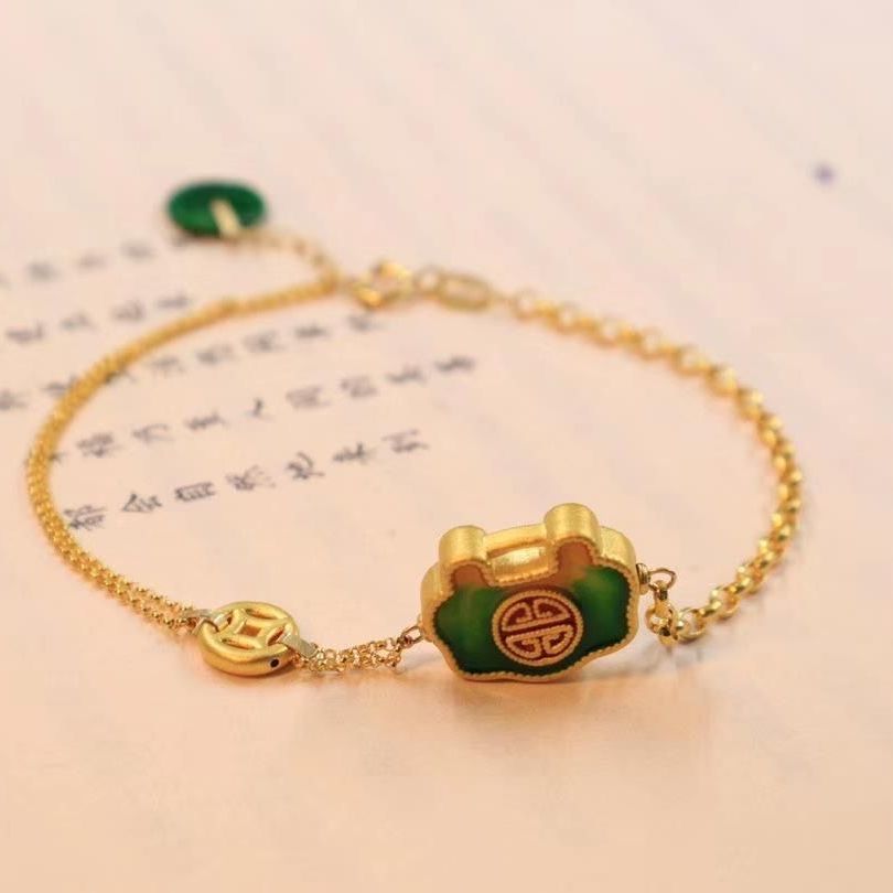 原创  古法金锁手链链身鎏金碧玉万事如意招财纳福新品送女士