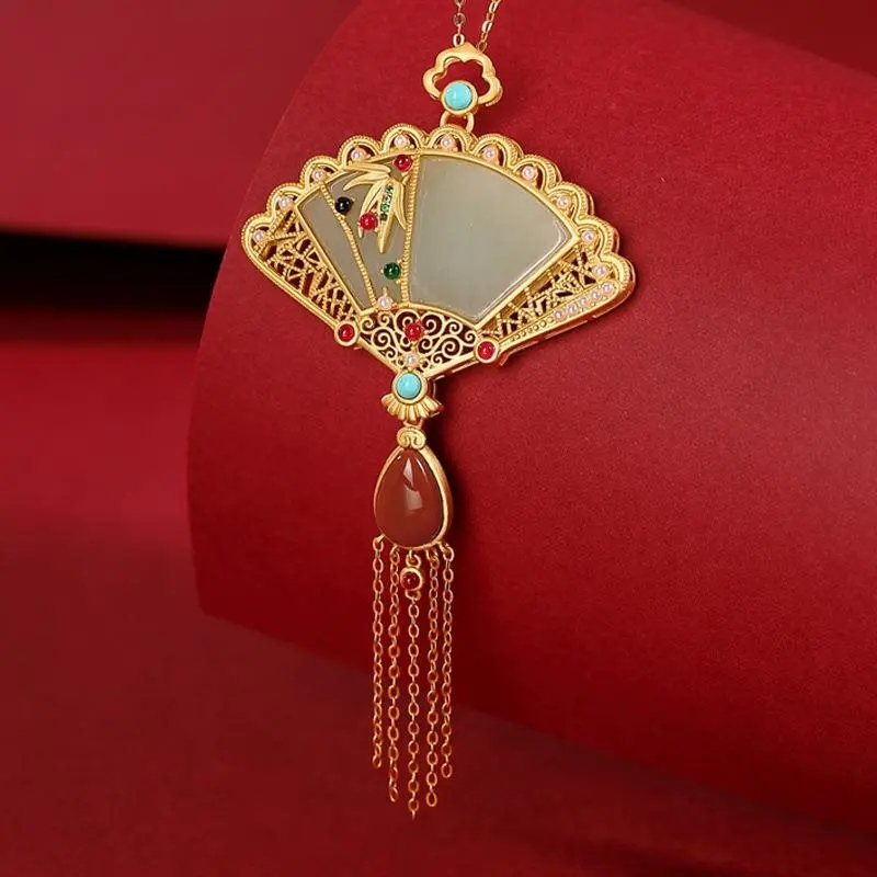 3D硬金鎏金项链复古青玉宫廷中式国风古典扇子流苏毛衣链吊坠女款