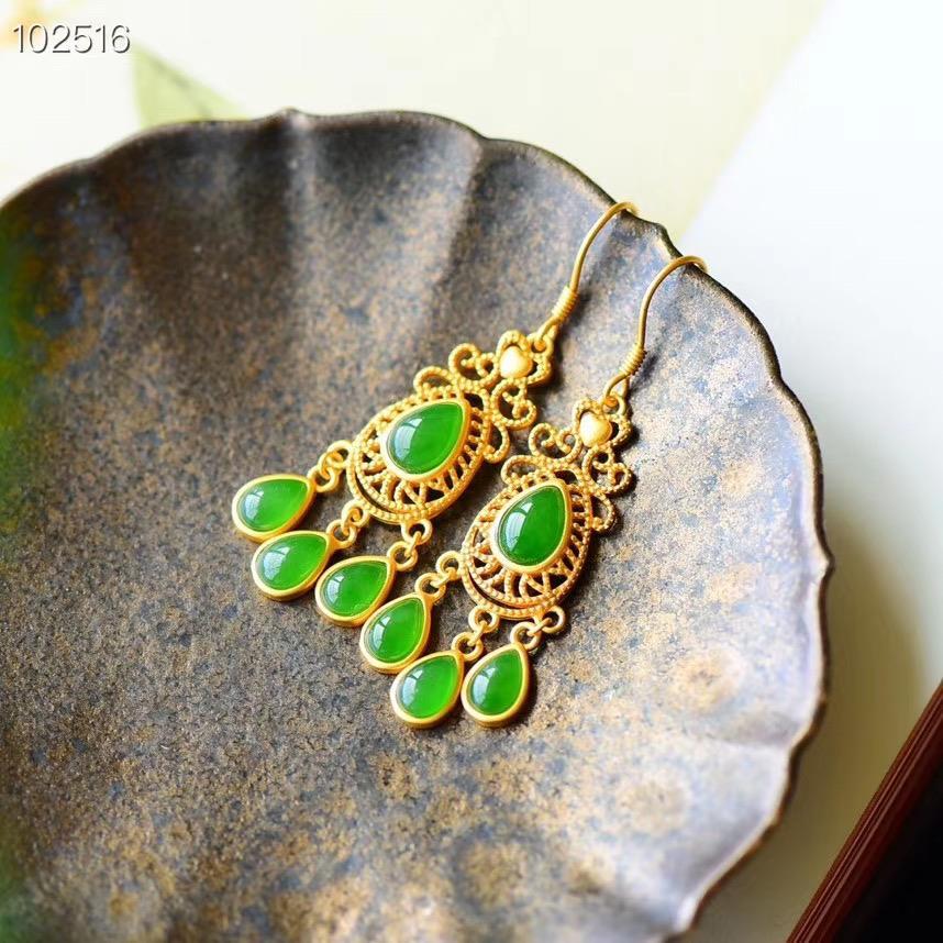 古风耳坠流苏碧玉18K金水滴形