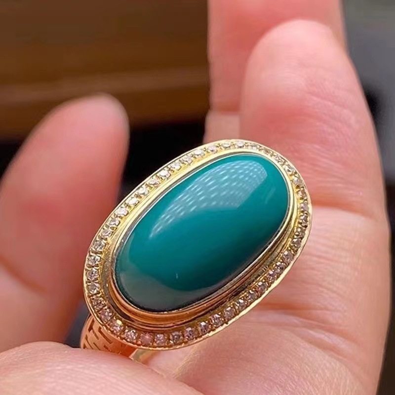 高瓷仿绿松石蛋面戒指女士镀18K金镶嵌收藏级高颜值有气质可调节