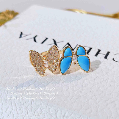 镀18K金镶嵌双生蝴蝶仿绿松石戒指女法式精致小巧优雅可调节指环