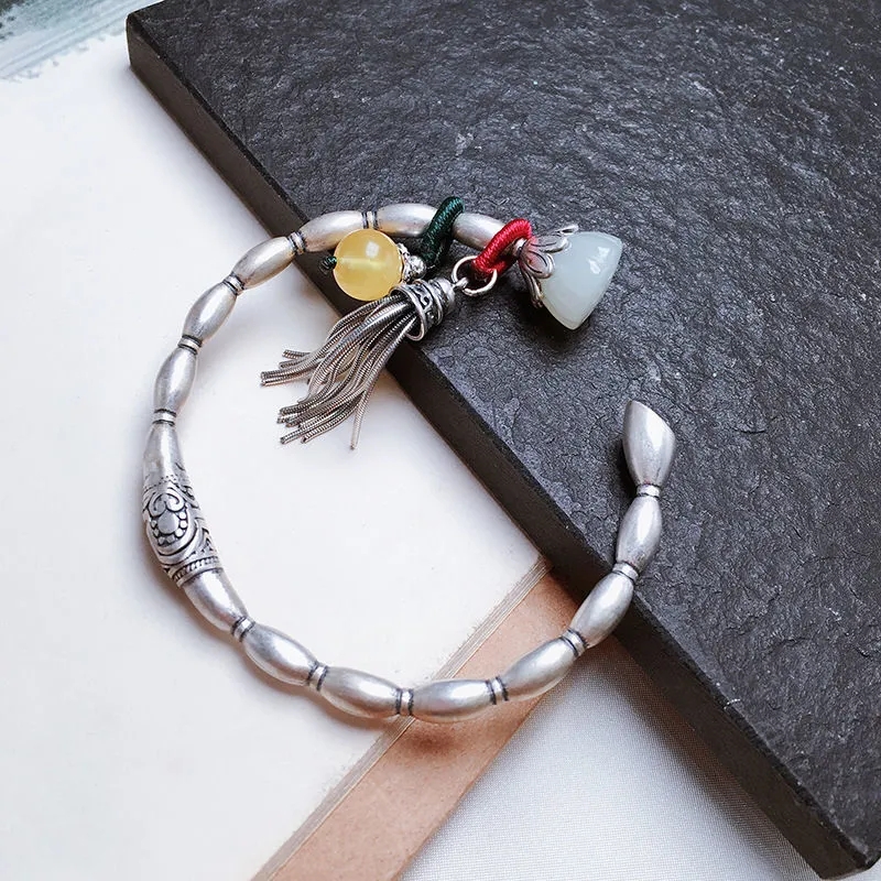 老庆祥镀银手环中式古典古风手工莲藕银手镯女纯银年轻款3d镀s925