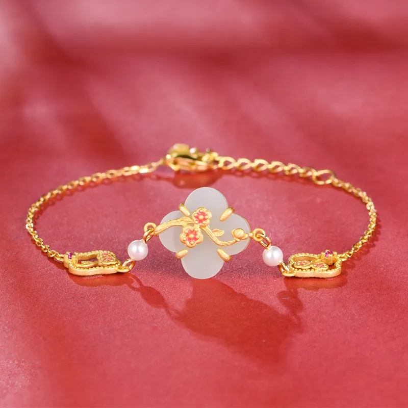 新中式S925纯银镶嵌白石梅花扣手链方形超仙高级感古典国潮女