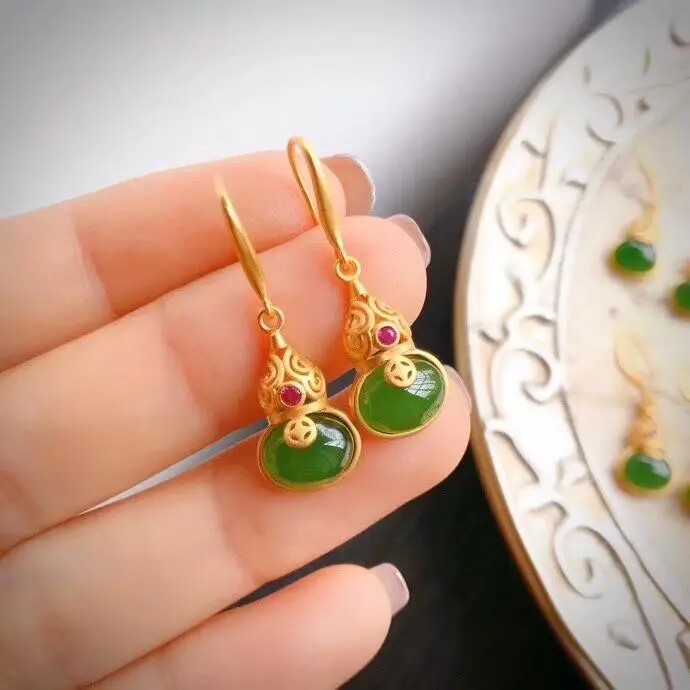 仿碧玉葫芦耳坠菠菜绿古法鎏金图片