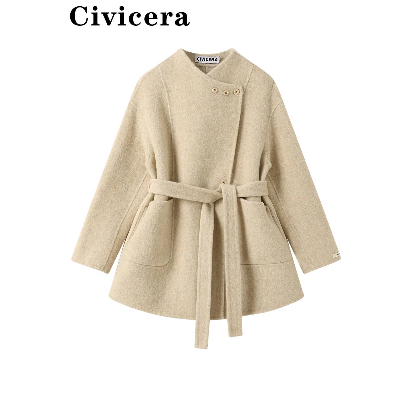 CIVICERA设计感宽松气质百搭羊毛呢外套女冬季中长款双面羊绒大衣