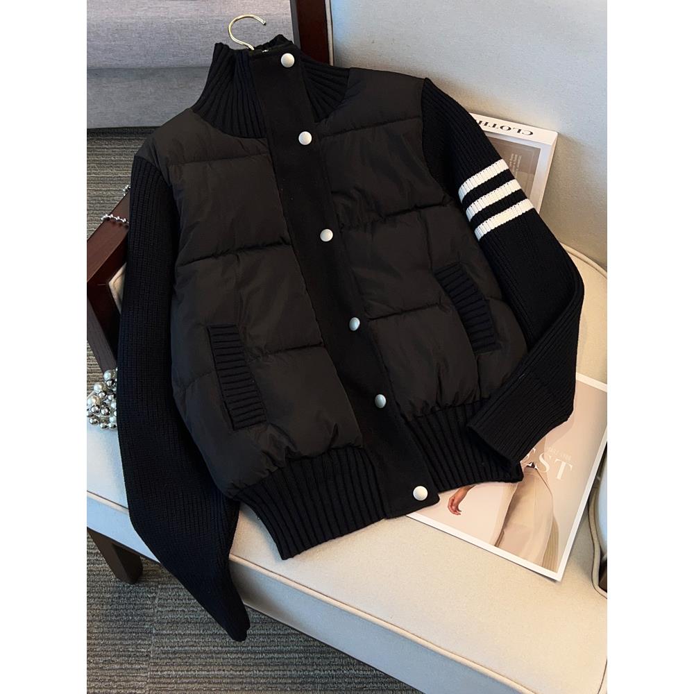 小个子立领短款棉服女冬季2025新款针织拼接设计感休闲棉袄外套潮