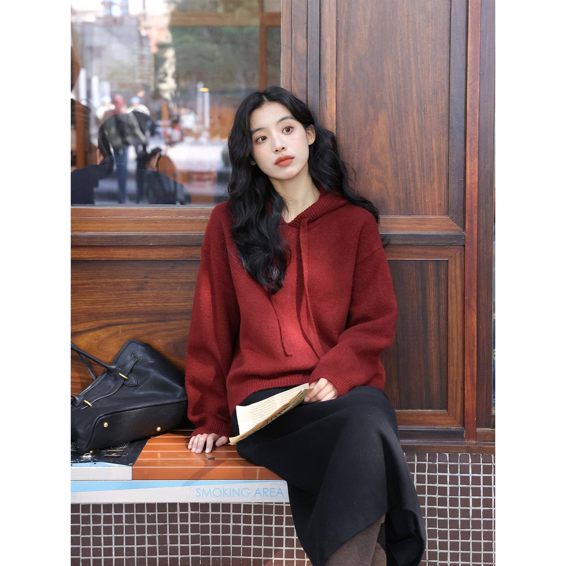 布蕾拿铁/法式慵懒连帽毛衣女秋帽衫内搭上衣针织衫灰/糯米不开花