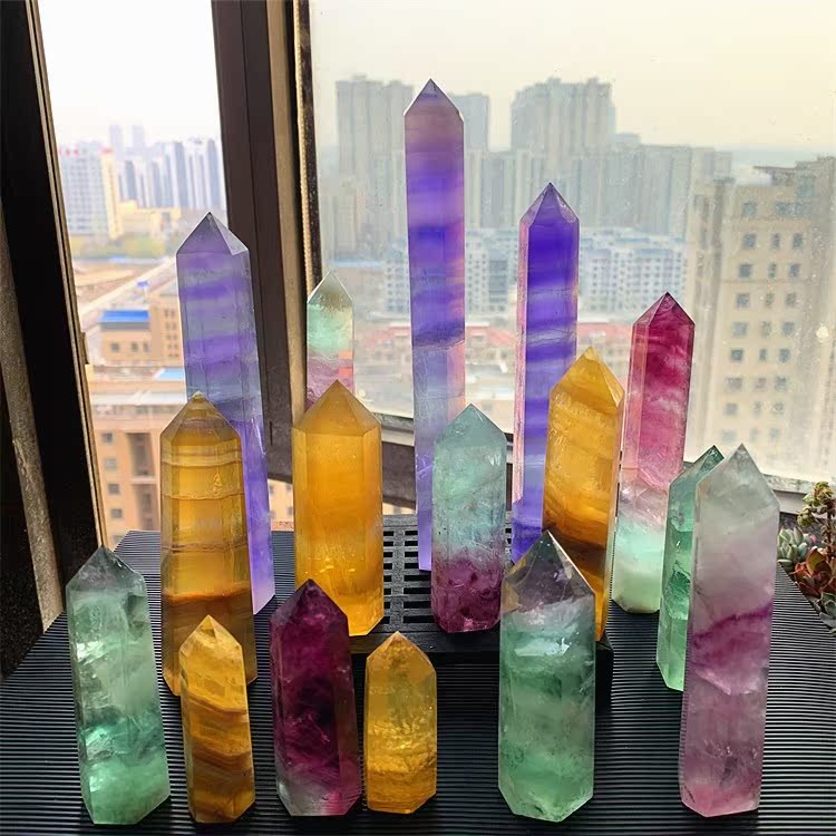 天然水晶糖果彩色萤石原石单尖六棱柱彩虹千层原矿家居装饰品摆件