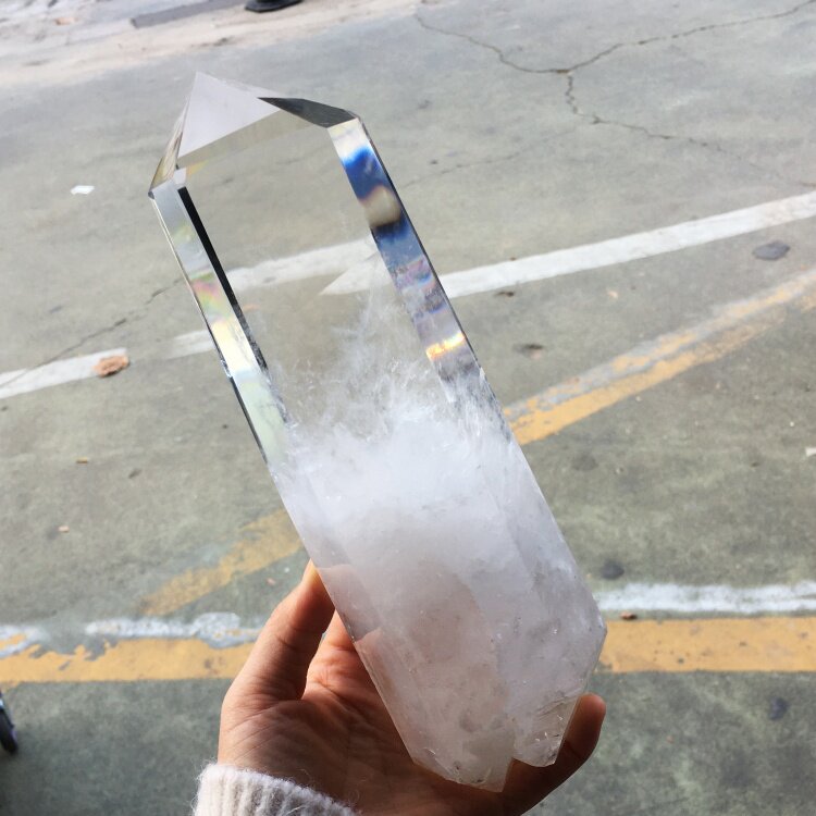 天然白水晶柱透体蓝针装饰摆件