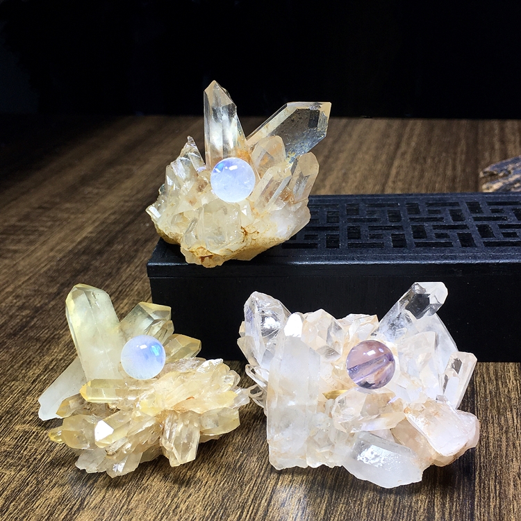 白水晶晶簇原石原矿标本迷你摆件