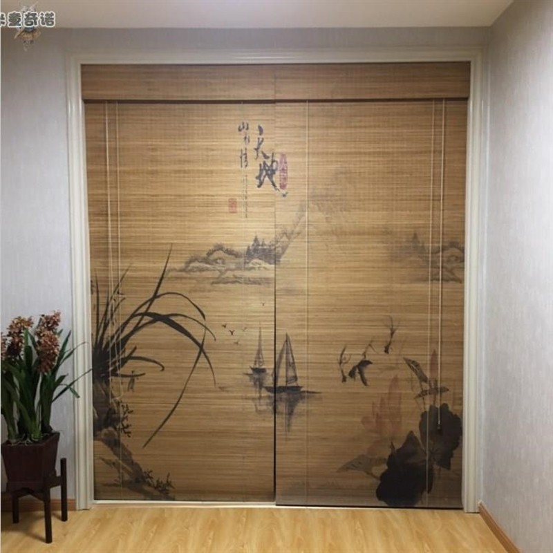 禅意印花竹帘卷帘隔断门帘定制图案遮光遮阳帘茶楼升降竹窗帘屏风_虎窝淘