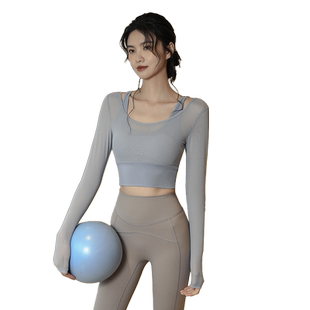 Ackdcs假两件瑜伽服女秋冬长袖带胸垫健身房运动上衣普拉提训练服