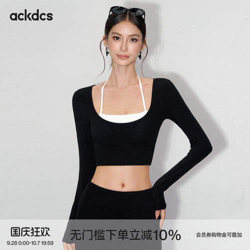 Ackdcs运动长袖女秋季假两件带胸垫短款普拉提训练服健身瑜伽上衣