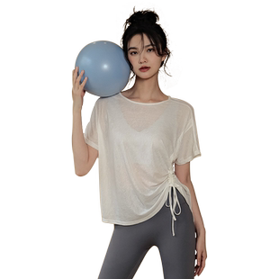 Ackdcs时尚瑜伽服短袖女个性抽绳上衣宽松显瘦运动T恤健身罩衫夏