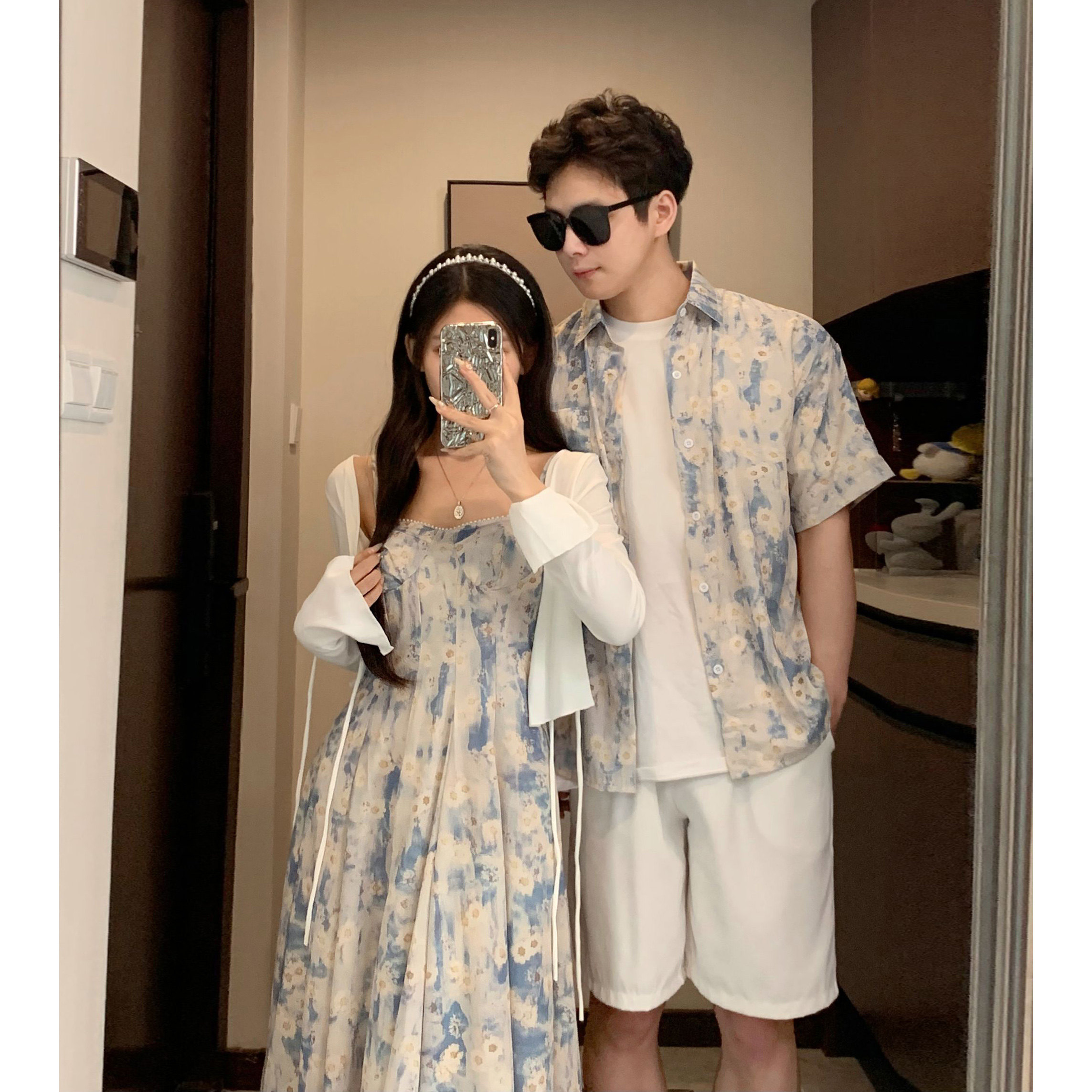 法式情侣装短袖高级感套装一衣一裙夏季油画沙滩裙碎花吊带连衣裙