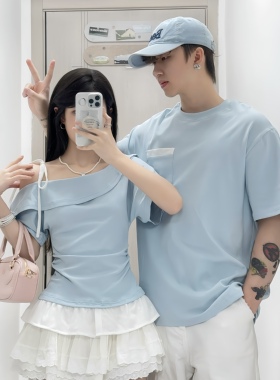 情侣装2025夏季新款短袖高端纯棉小众设计感浅蓝色斜肩纯欲风T恤