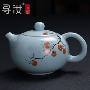 寻汝陈全贵大师汝窑茶壶手绘单壶陶瓷开片天青色功夫茶具高档送礼