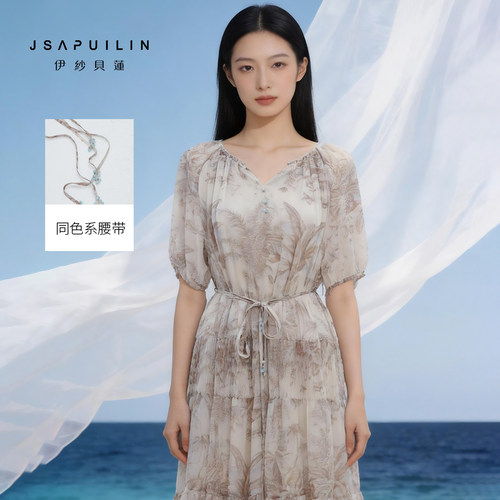 伊纱贝莲法式印花V领收腰连衣裙