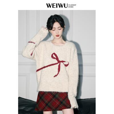 杏色圆领套头毛衣女秋季2