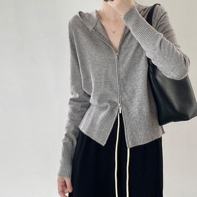 双拉链连帽针织衫女开衫